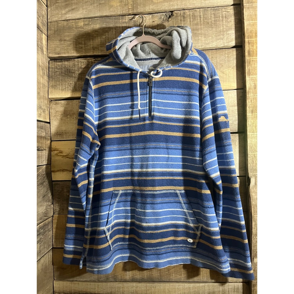 Tommy Bahama Relax‎ Mens Large Blue Striped Quarter Zip Hoodie Cotton Pullover